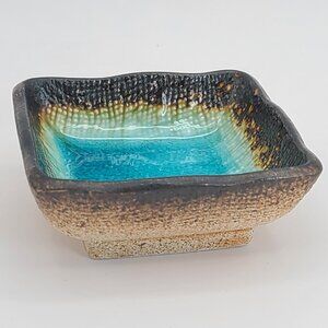 Vintage Kotobuki Japan Small Square Footed Crackled Ceramic Trinket Dish 2 3/4"